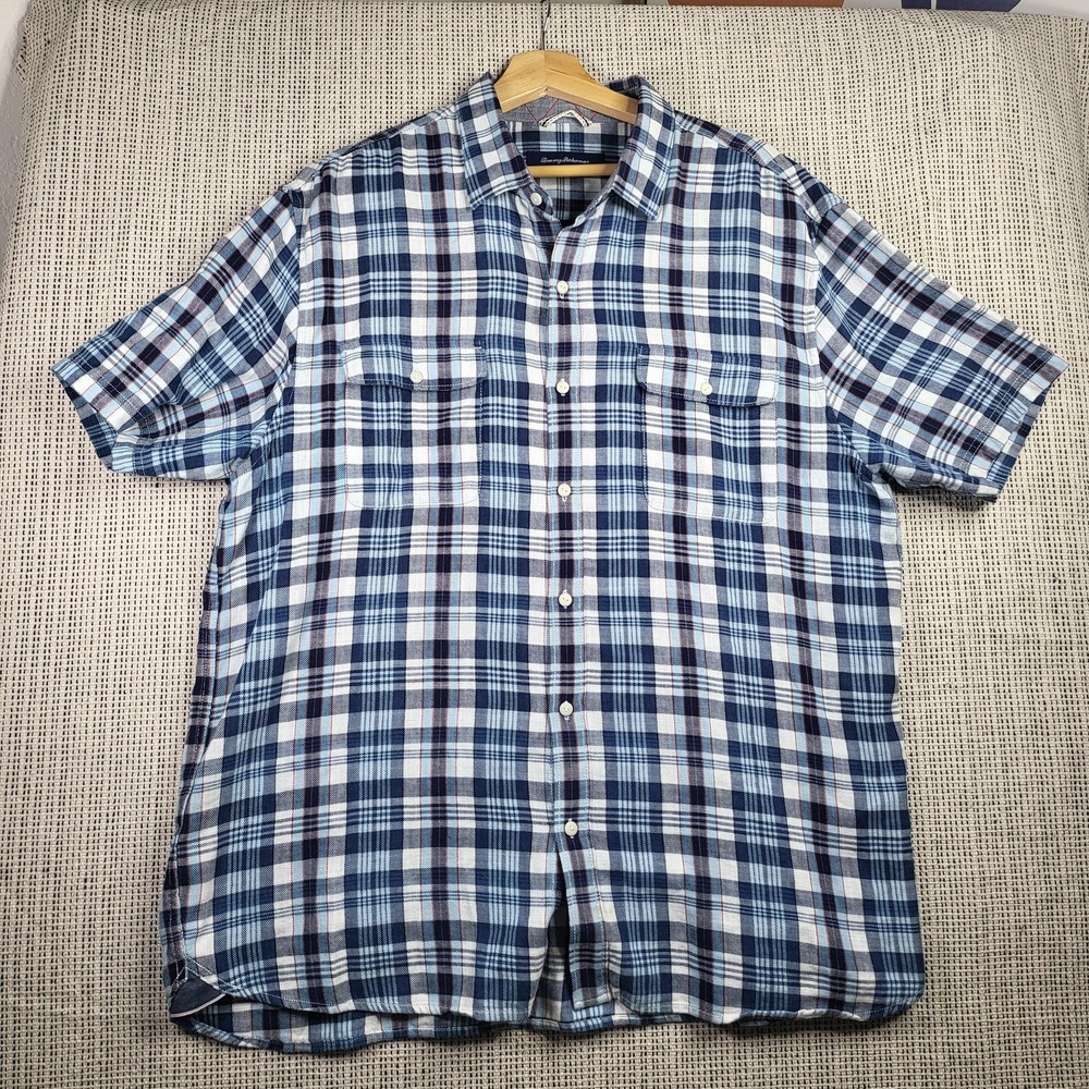 Tommy Bahama Shirt Mens XL Blue White Plaid Button Up Short Sleeve Cotton Casual